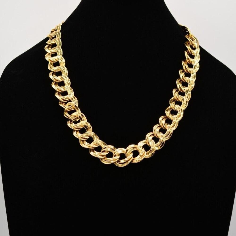 Vintage Chain Necklace Double Linked Shiny Gold Bold Chunky Heavy 80s 1980s BinG